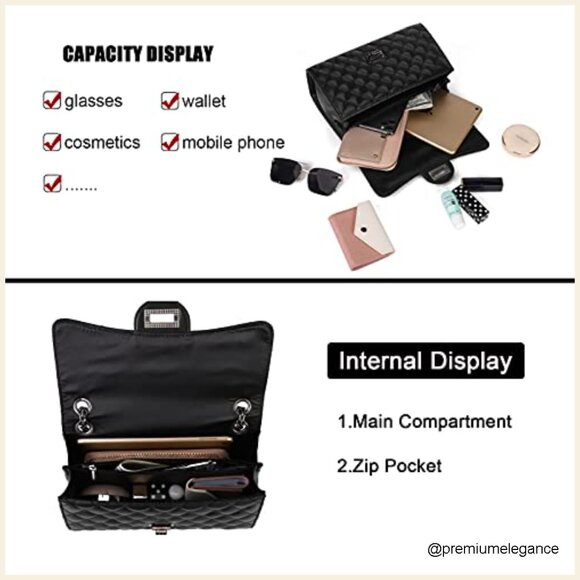 Quilted Crossbody Shoulder Bag with Chain Strap, Faux Leather, Medium Size - Picture 5 of 7